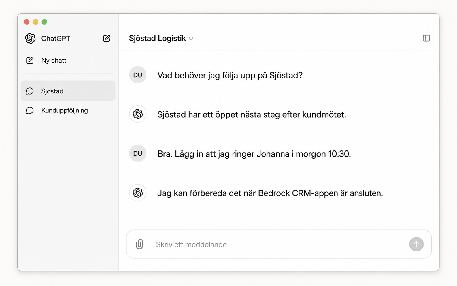 Illustrerad ChatGPT-app med en konversation om Sjöstad Logistik och ett planerat nästa steg