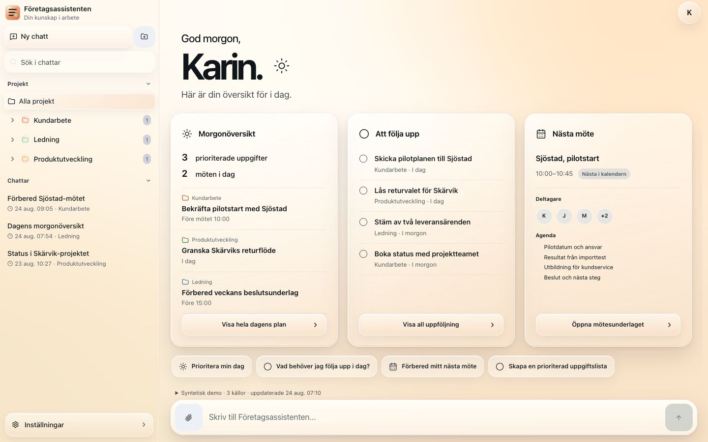 Företagsassistentens syntetiska dashboard med Karins morgonöversikt, uppföljningar och nästa möte