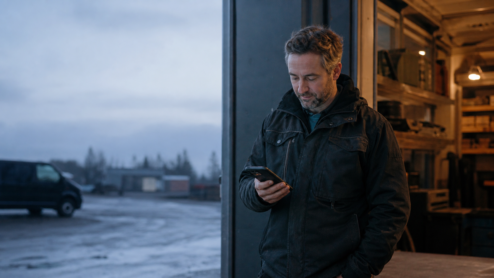 Företagare som använder mobilen vid verkstaden under arbetsdagen