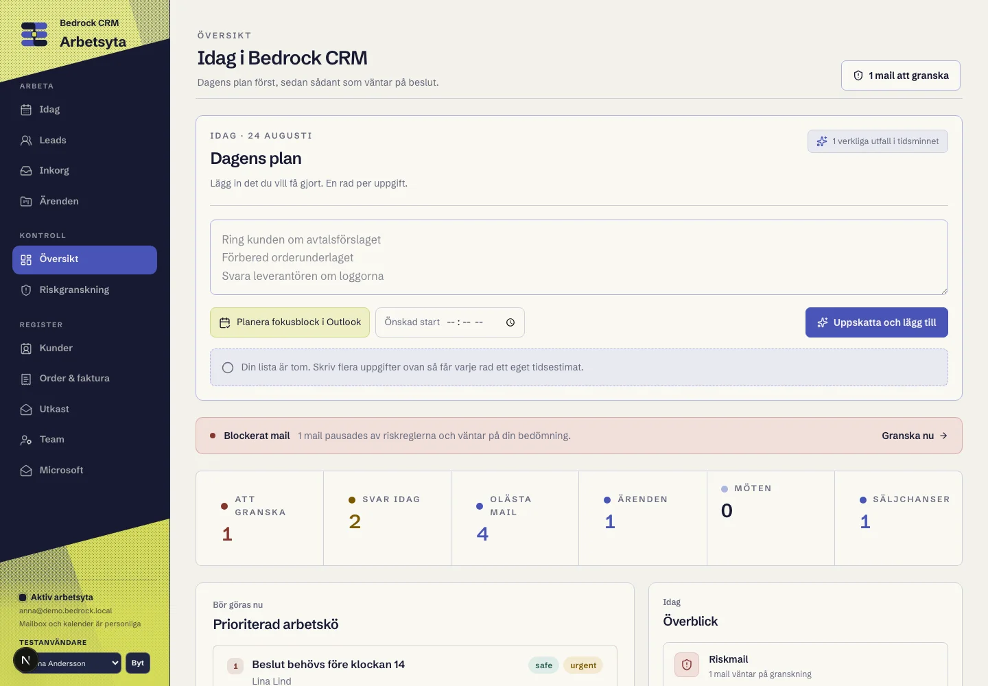 Dagens arbete i den syntetiska Bedrock CRM-demon