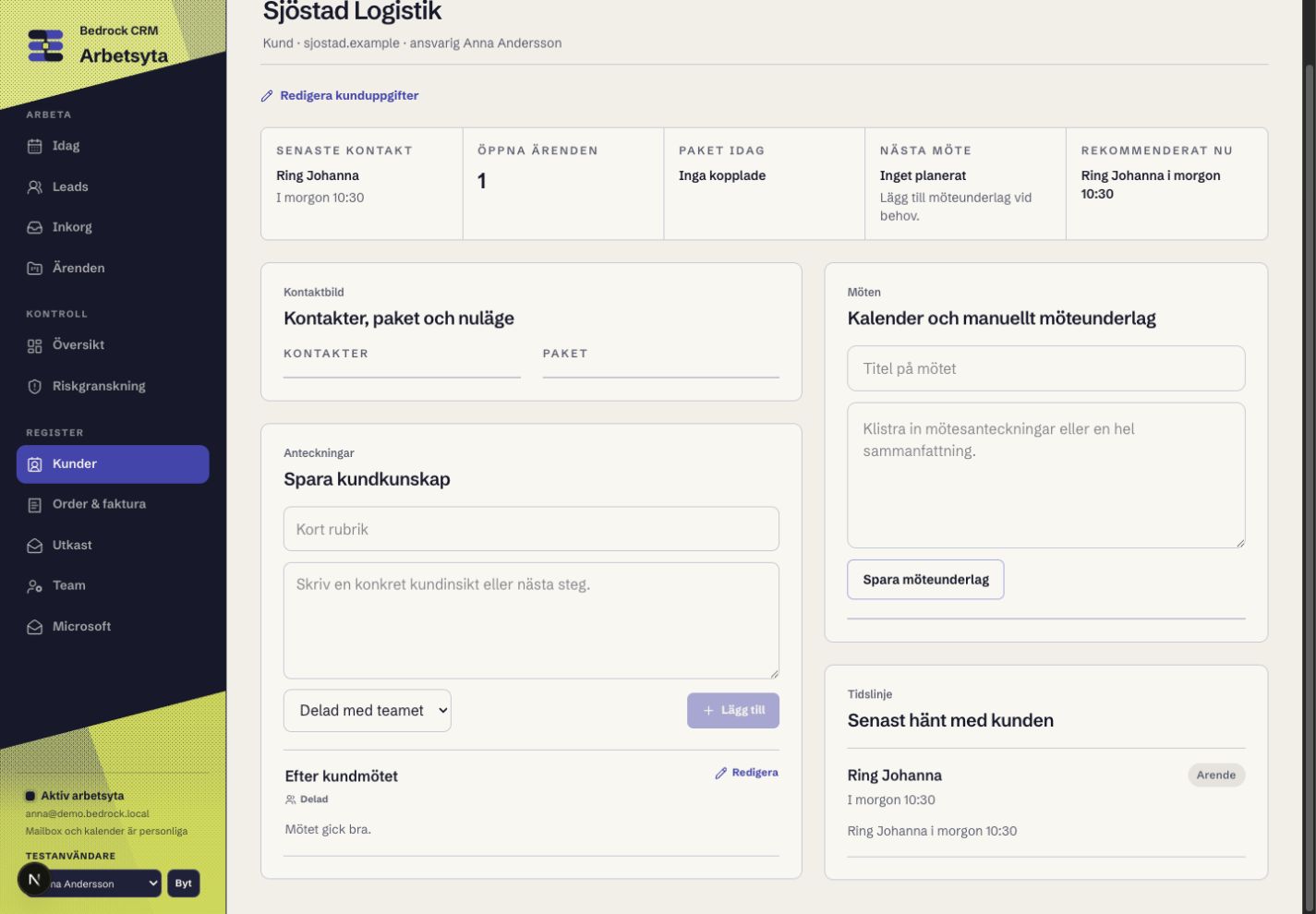 Bedrock CRM:s riktiga syntetiska kundkort för Sjöstad Logistik